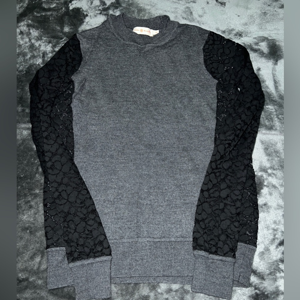 Tory Burch Women's Sweater Merino wool Gray Black Long lace sleeve Size S